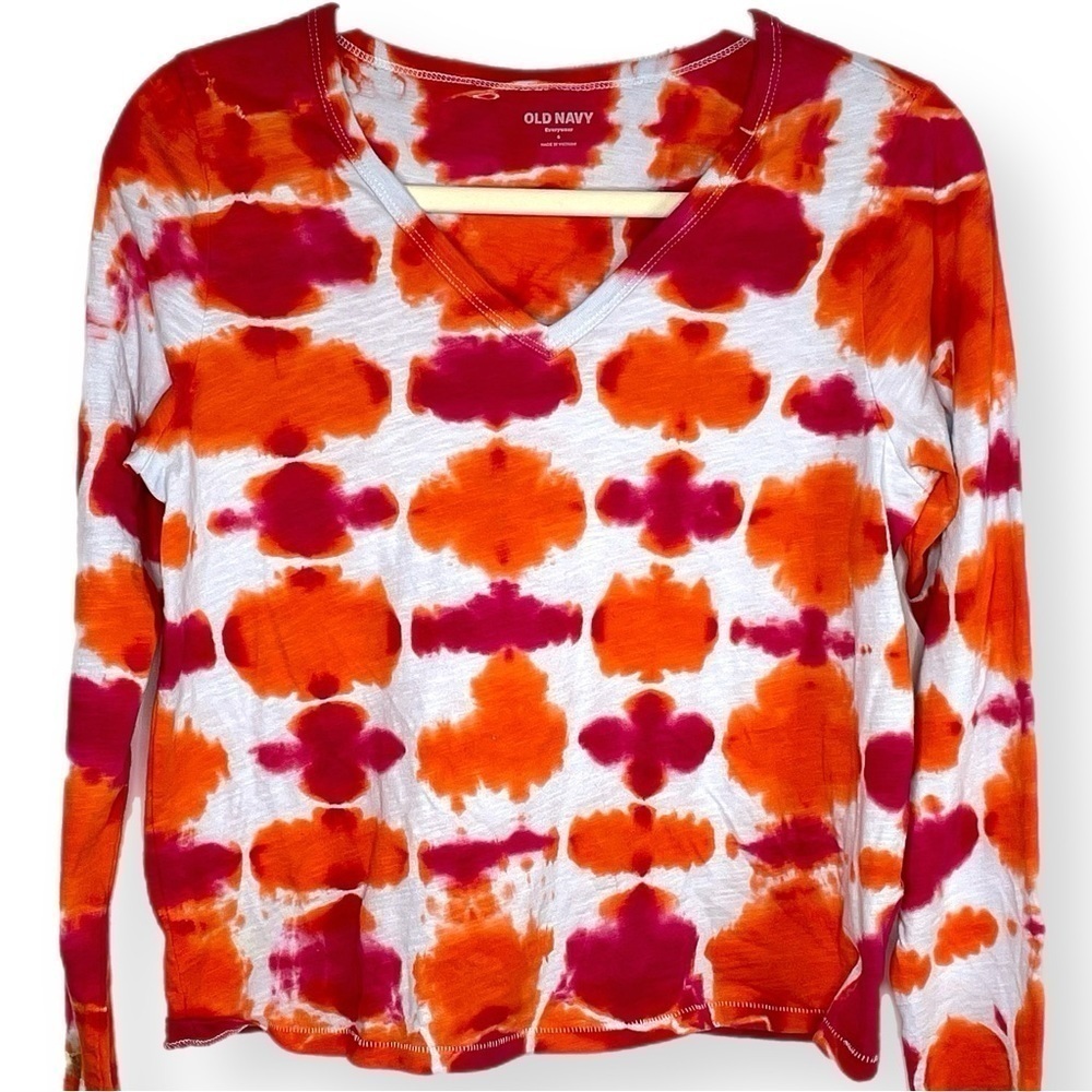 Tie dye v neck long sleeve top shibori fold argyle fleur de lis orange pink S